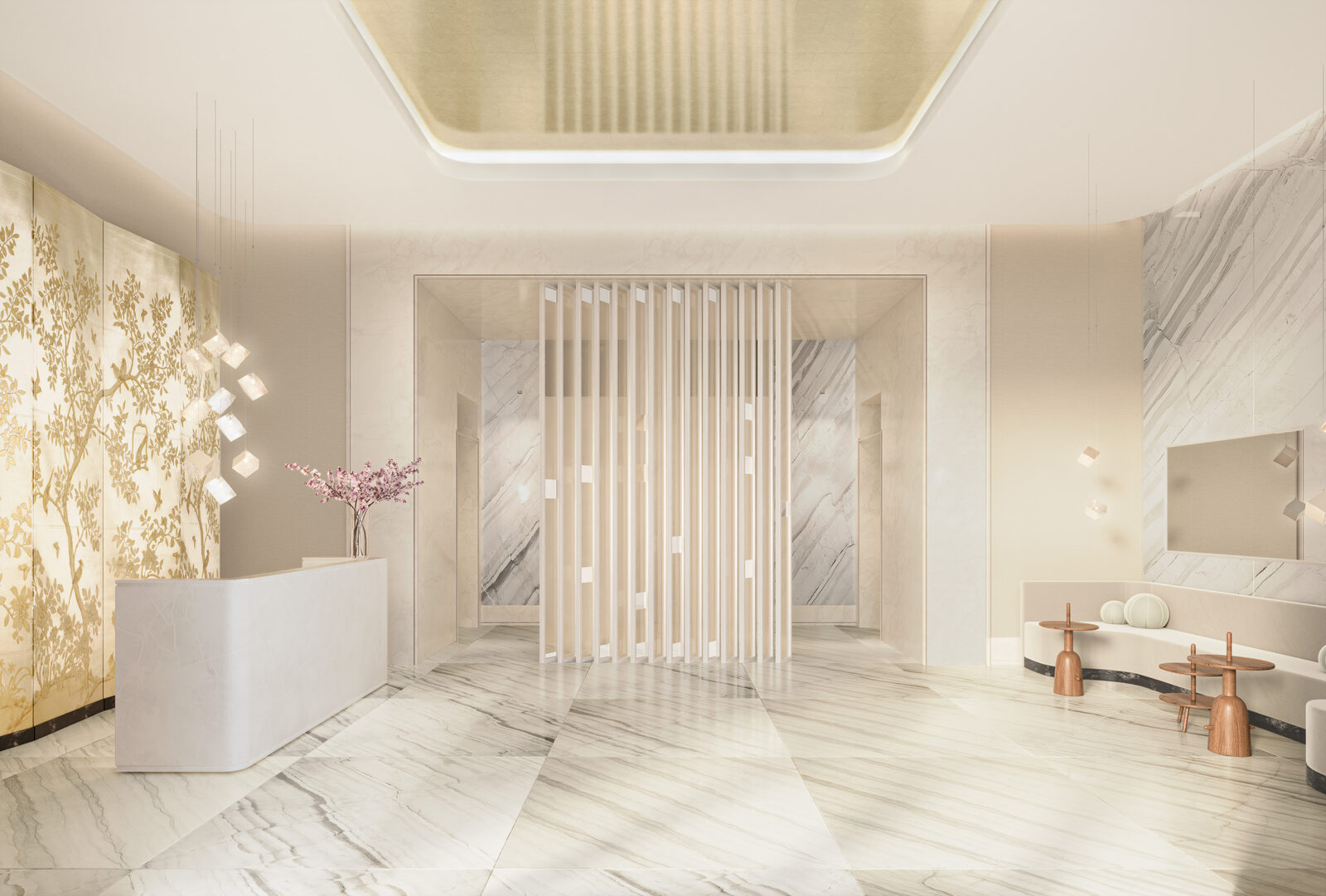 Rendering of the 95 Madison residential lobby with layered stone finishes, metal detailing, and contemporary furnishings by Paris Forino.