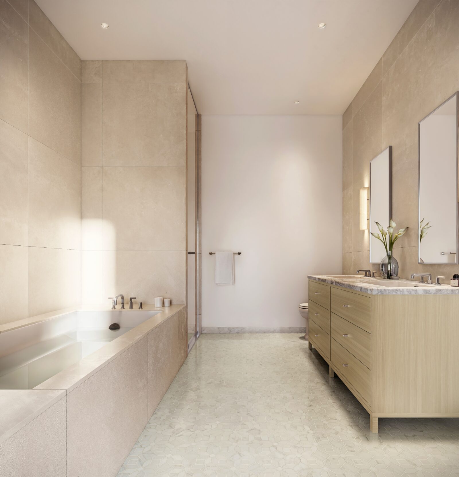Stone-clad primary bathroom