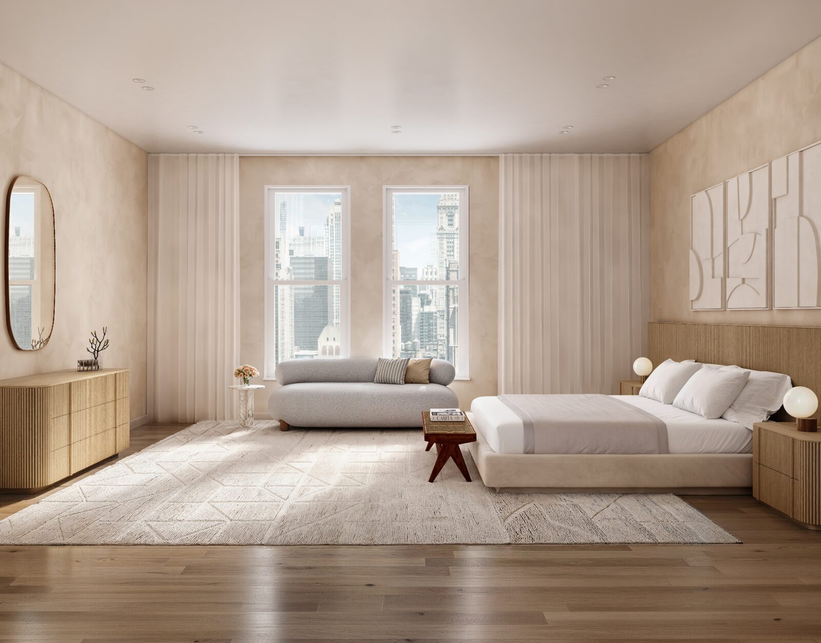 Quiet primary bedroom with restored windows