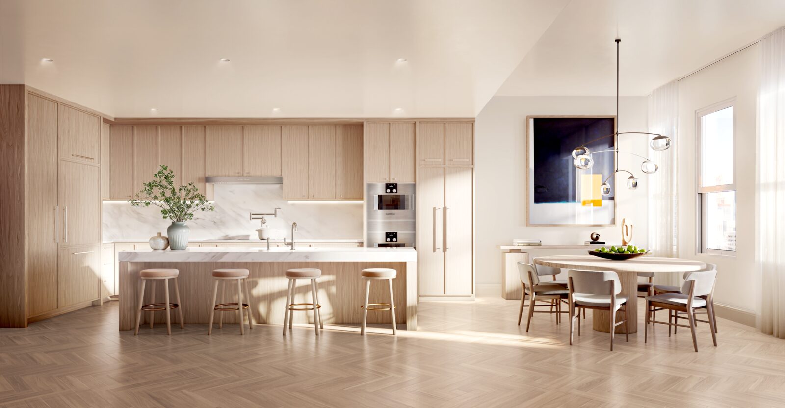 Custom kitchen with marble surfaces and wood cabinetry
