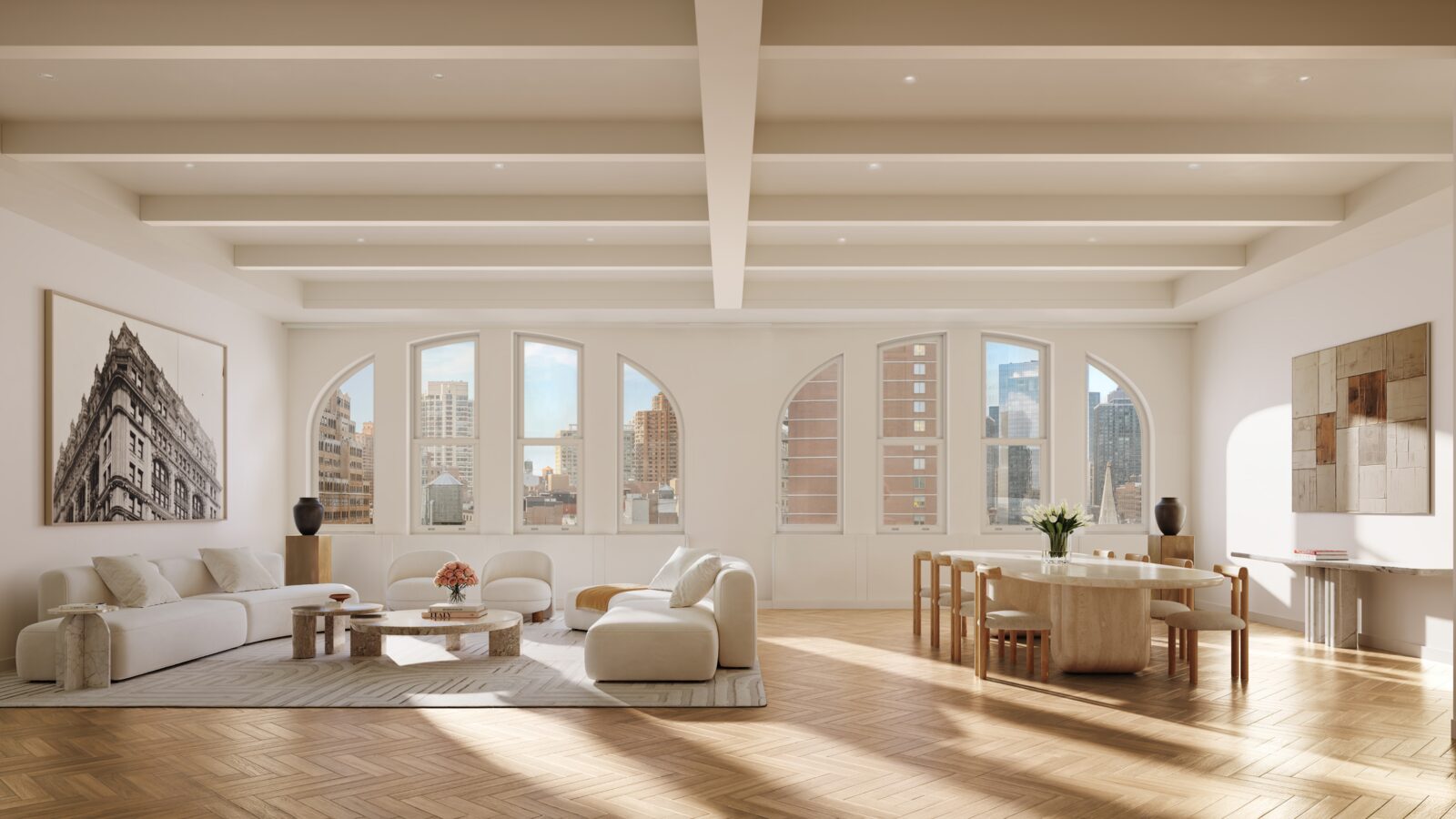 Residence great room with arched windows